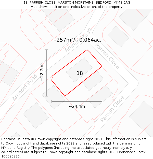 18, PARRISH CLOSE, MARSTON MORETAINE, BEDFORD, MK43 0AG: Plot and title map