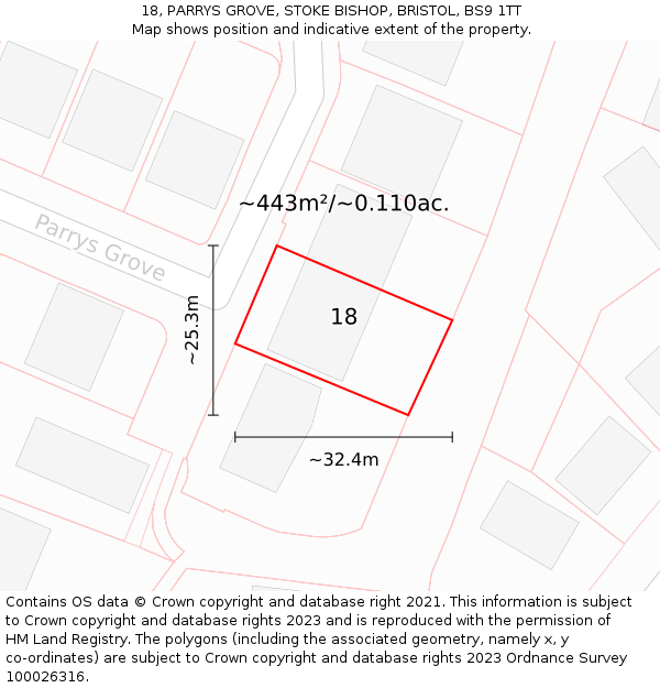 18, PARRYS GROVE, STOKE BISHOP, BRISTOL, BS9 1TT: Plot and title map