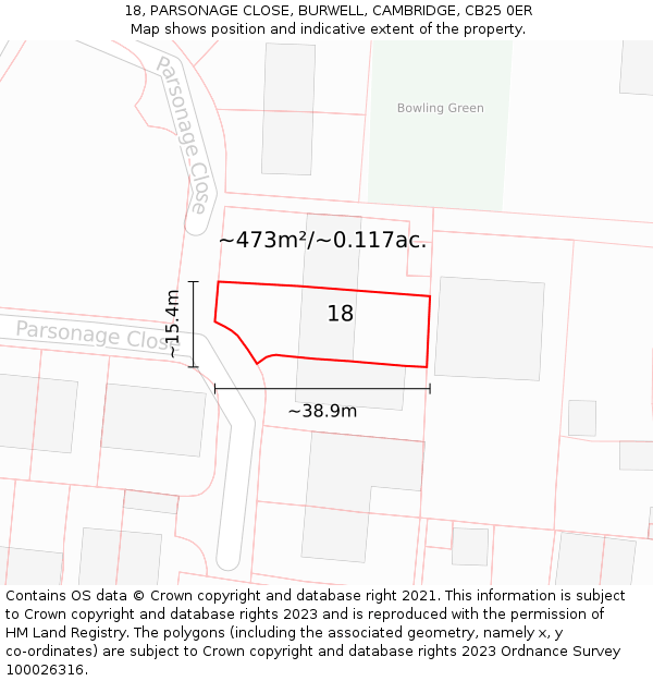 18, PARSONAGE CLOSE, BURWELL, CAMBRIDGE, CB25 0ER: Plot and title map