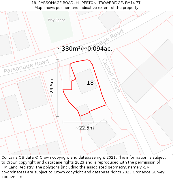 18, PARSONAGE ROAD, HILPERTON, TROWBRIDGE, BA14 7TL: Plot and title map