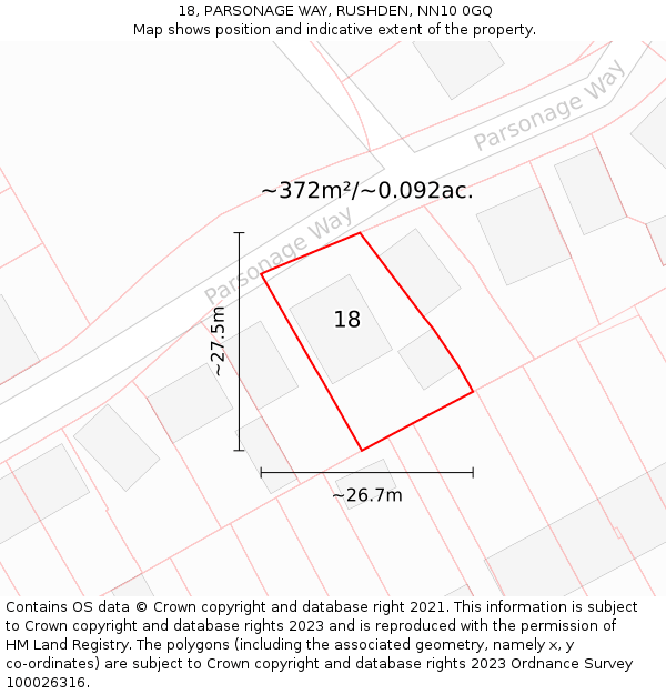 18, PARSONAGE WAY, RUSHDEN, NN10 0GQ: Plot and title map