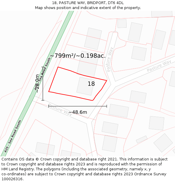 18, PASTURE WAY, BRIDPORT, DT6 4DL: Plot and title map