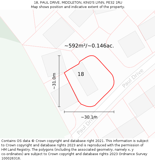 18, PAUL DRIVE, MIDDLETON, KING'S LYNN, PE32 1RU: Plot and title map