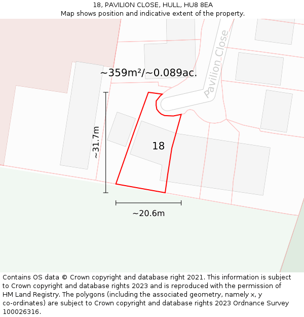 18, PAVILION CLOSE, HULL, HU8 8EA: Plot and title map