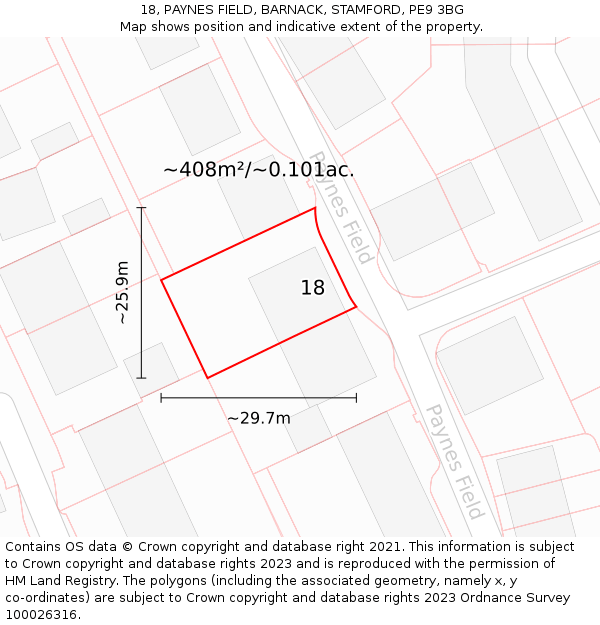 18, PAYNES FIELD, BARNACK, STAMFORD, PE9 3BG: Plot and title map