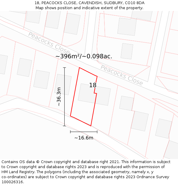 18, PEACOCKS CLOSE, CAVENDISH, SUDBURY, CO10 8DA: Plot and title map