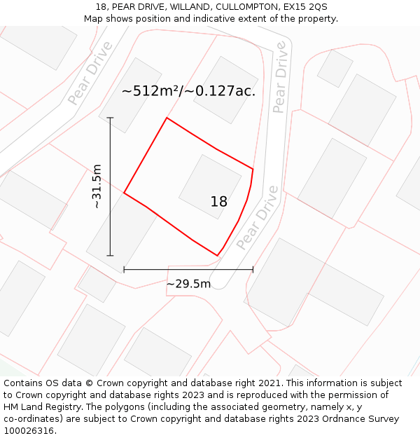 18, PEAR DRIVE, WILLAND, CULLOMPTON, EX15 2QS: Plot and title map
