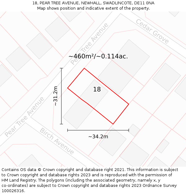 18, PEAR TREE AVENUE, NEWHALL, SWADLINCOTE, DE11 0NA: Plot and title map