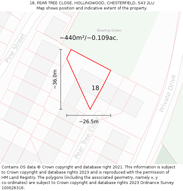 18, PEAR TREE CLOSE, HOLLINGWOOD, CHESTERFIELD, S43 2LU: Plot and title map