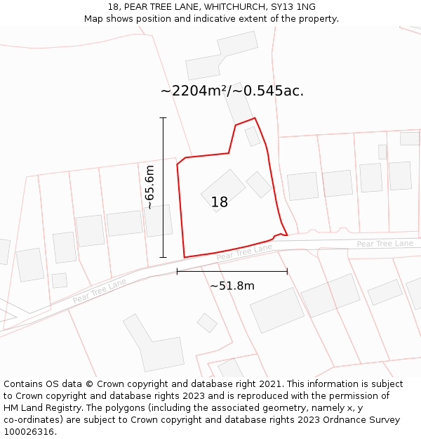 18, PEAR TREE LANE, WHITCHURCH, SY13 1NG: Plot and title map