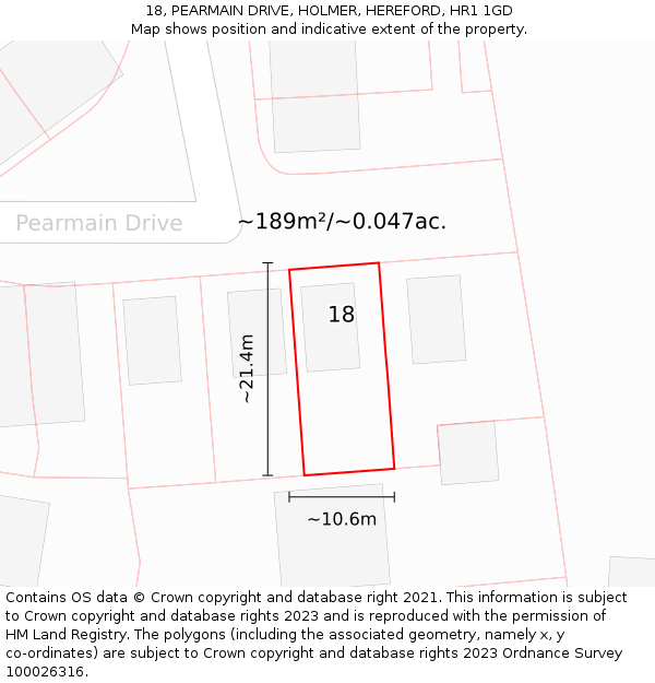 18, PEARMAIN DRIVE, HOLMER, HEREFORD, HR1 1GD: Plot and title map