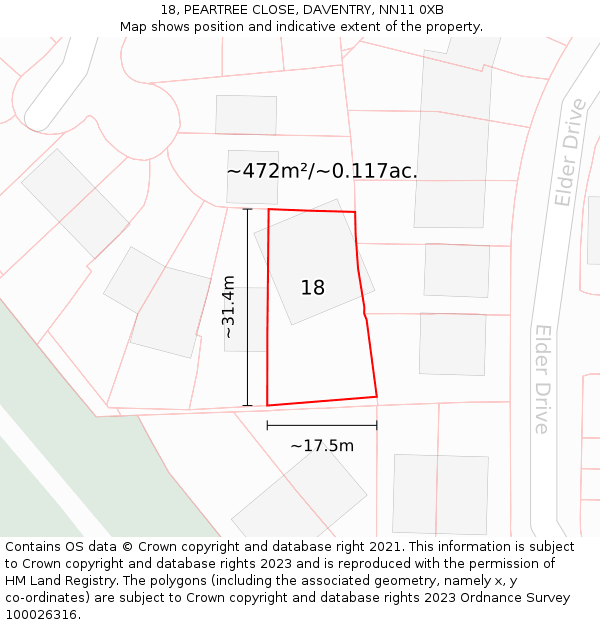 18, PEARTREE CLOSE, DAVENTRY, NN11 0XB: Plot and title map