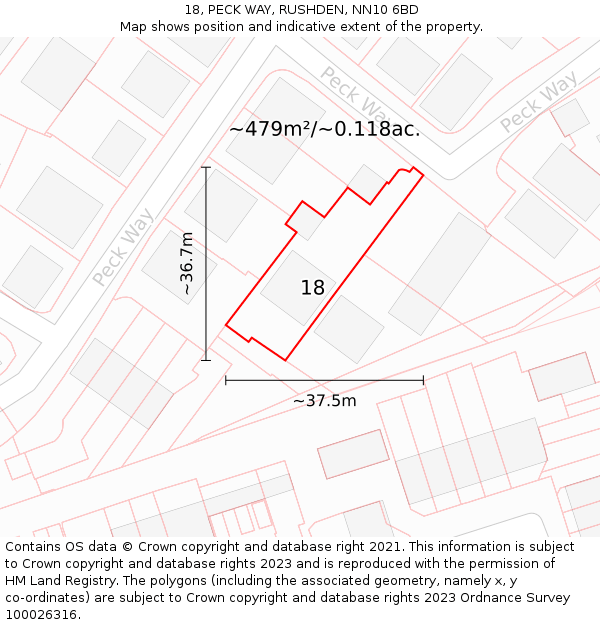 18, PECK WAY, RUSHDEN, NN10 6BD: Plot and title map