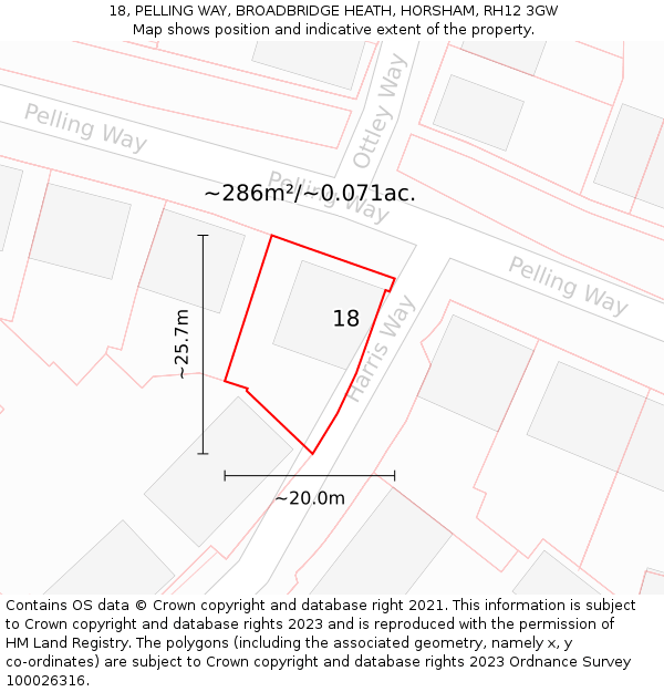 18, PELLING WAY, BROADBRIDGE HEATH, HORSHAM, RH12 3GW: Plot and title map