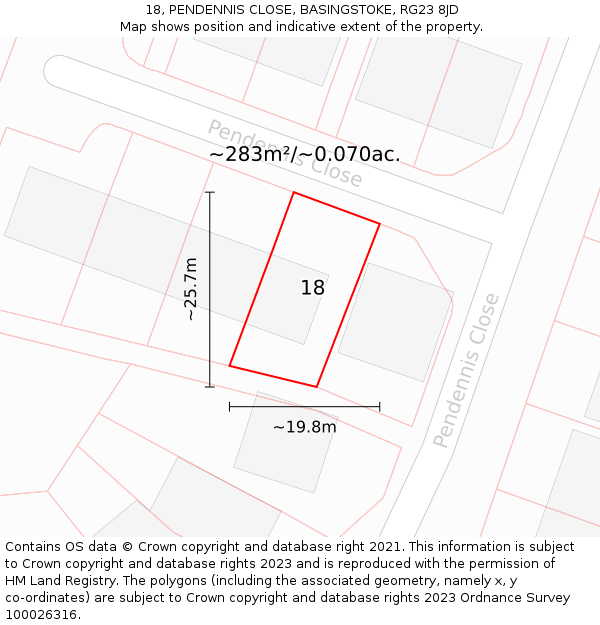 18, PENDENNIS CLOSE, BASINGSTOKE, RG23 8JD: Plot and title map