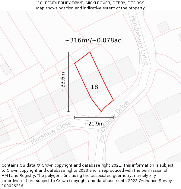 18, PENDLEBURY DRIVE, MICKLEOVER, DERBY, DE3 9SS: Plot and title map