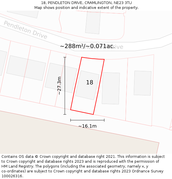 18, PENDLETON DRIVE, CRAMLINGTON, NE23 3TU: Plot and title map