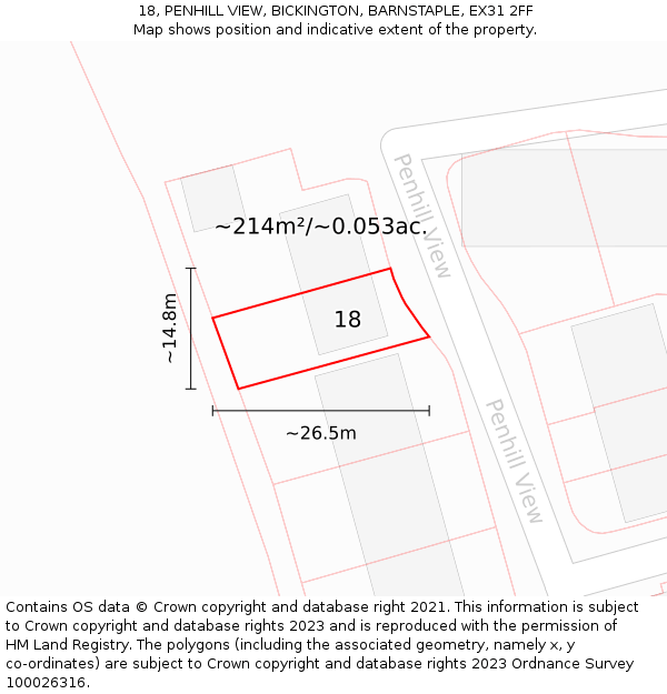 18, PENHILL VIEW, BICKINGTON, BARNSTAPLE, EX31 2FF: Plot and title map