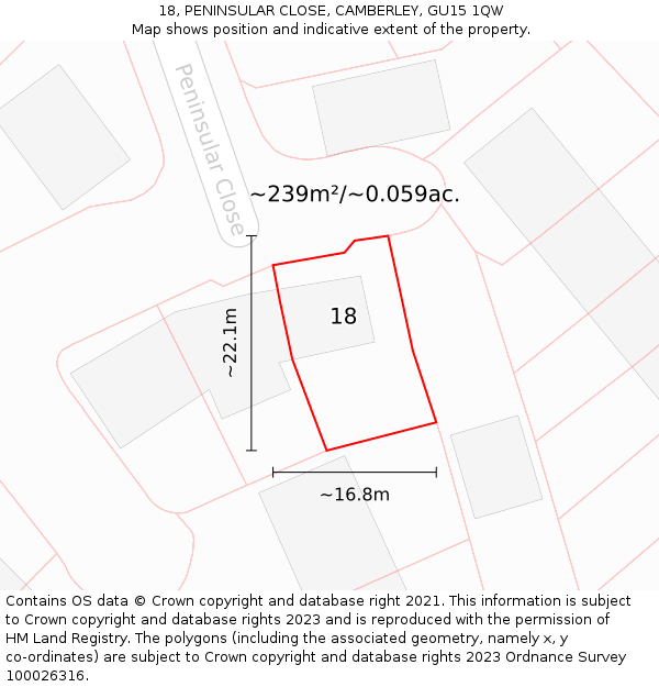 18, PENINSULAR CLOSE, CAMBERLEY, GU15 1QW: Plot and title map