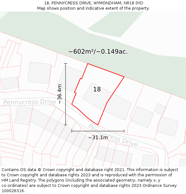 18, PENNYCRESS DRIVE, WYMONDHAM, NR18 0YD: Plot and title map