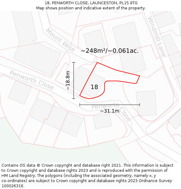 18, PENWORTH CLOSE, LAUNCESTON, PL15 9TG: Plot and title map
