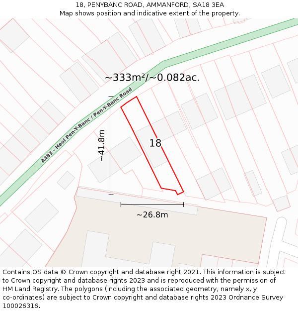 18, PENYBANC ROAD, AMMANFORD, SA18 3EA: Plot and title map