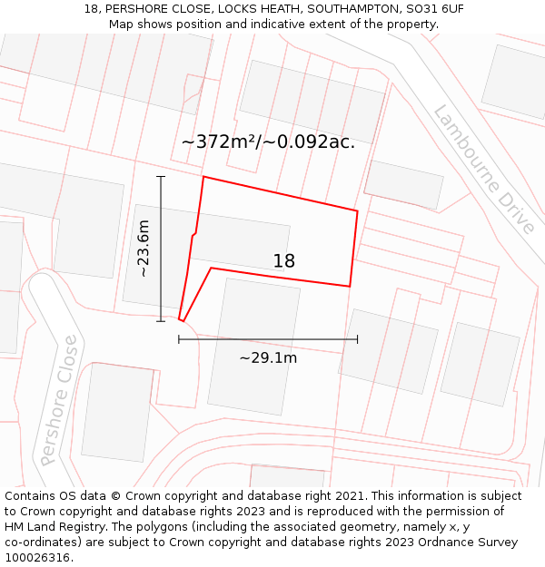 18, PERSHORE CLOSE, LOCKS HEATH, SOUTHAMPTON, SO31 6UF: Plot and title map