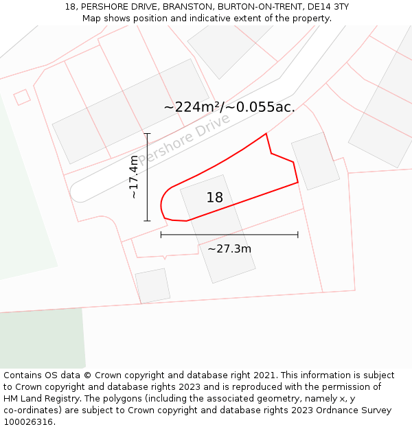 18, PERSHORE DRIVE, BRANSTON, BURTON-ON-TRENT, DE14 3TY: Plot and title map