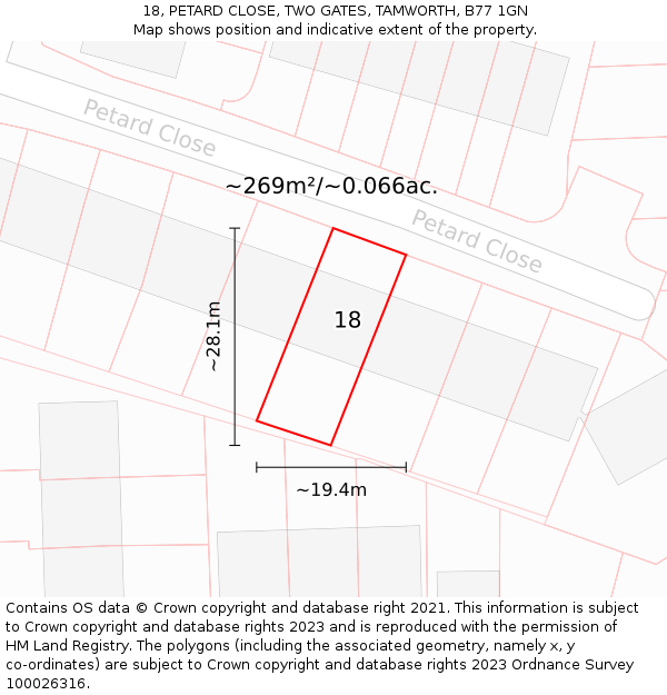 18, PETARD CLOSE, TWO GATES, TAMWORTH, B77 1GN: Plot and title map