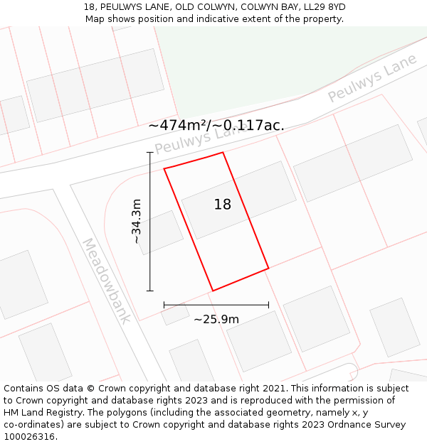 18, PEULWYS LANE, OLD COLWYN, COLWYN BAY, LL29 8YD: Plot and title map