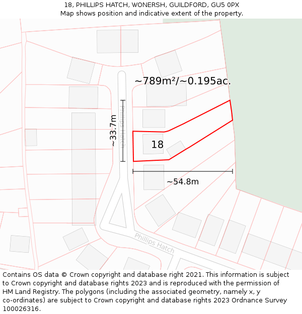 18, PHILLIPS HATCH, WONERSH, GUILDFORD, GU5 0PX: Plot and title map