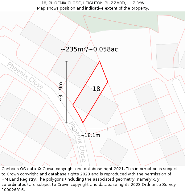 18, PHOENIX CLOSE, LEIGHTON BUZZARD, LU7 3YW: Plot and title map