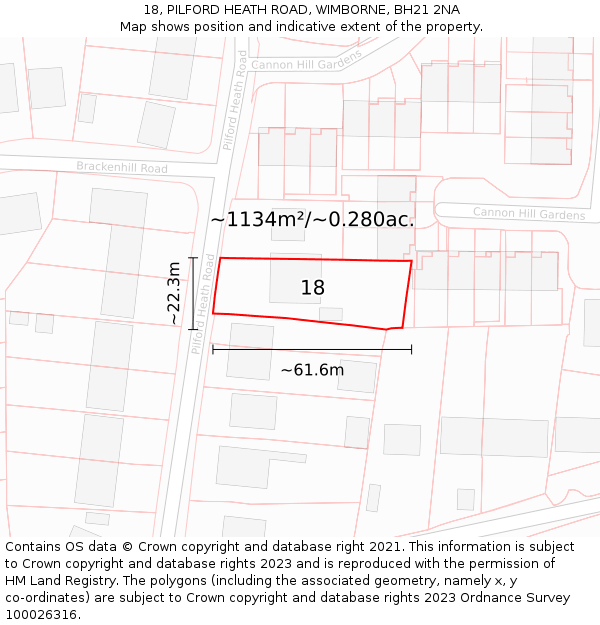 18, PILFORD HEATH ROAD, WIMBORNE, BH21 2NA: Plot and title map