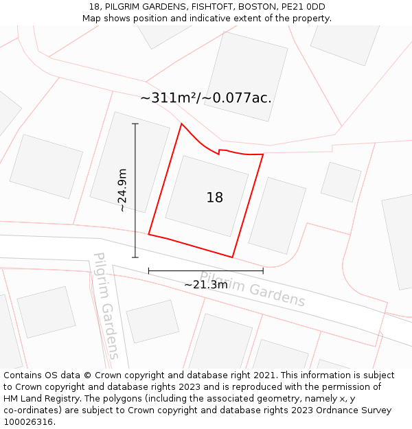18, PILGRIM GARDENS, FISHTOFT, BOSTON, PE21 0DD: Plot and title map