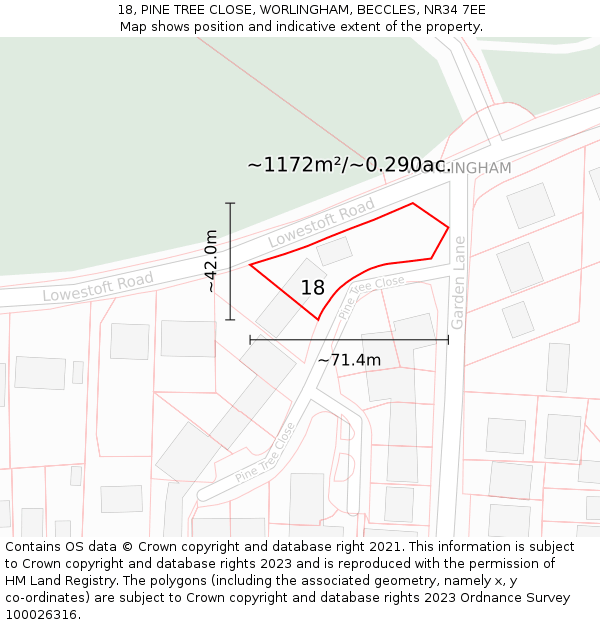 18, PINE TREE CLOSE, WORLINGHAM, BECCLES, NR34 7EE: Plot and title map