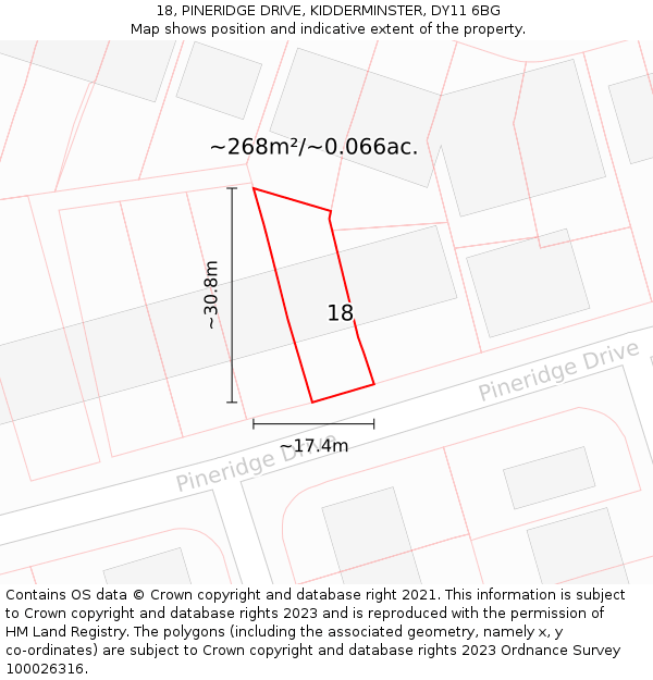 18, PINERIDGE DRIVE, KIDDERMINSTER, DY11 6BG: Plot and title map
