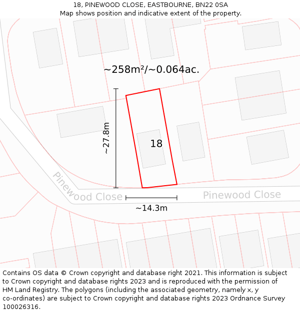 18, PINEWOOD CLOSE, EASTBOURNE, BN22 0SA: Plot and title map