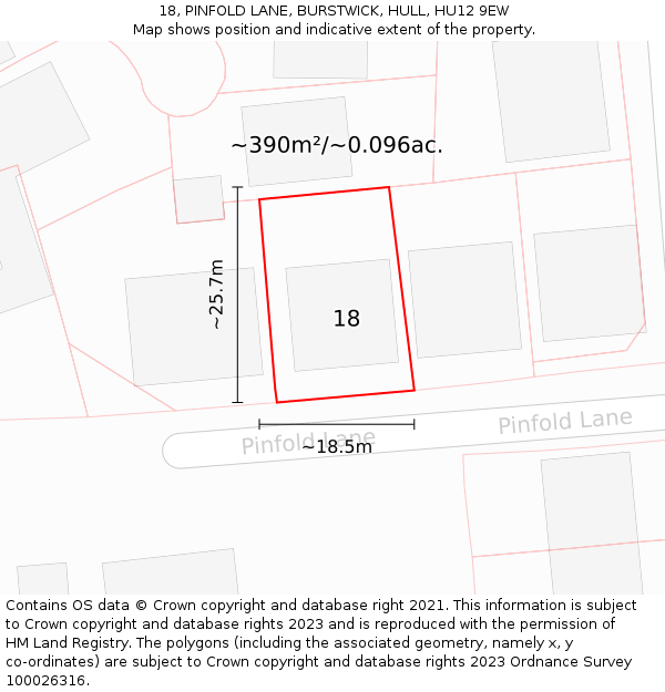 18, PINFOLD LANE, BURSTWICK, HULL, HU12 9EW: Plot and title map
