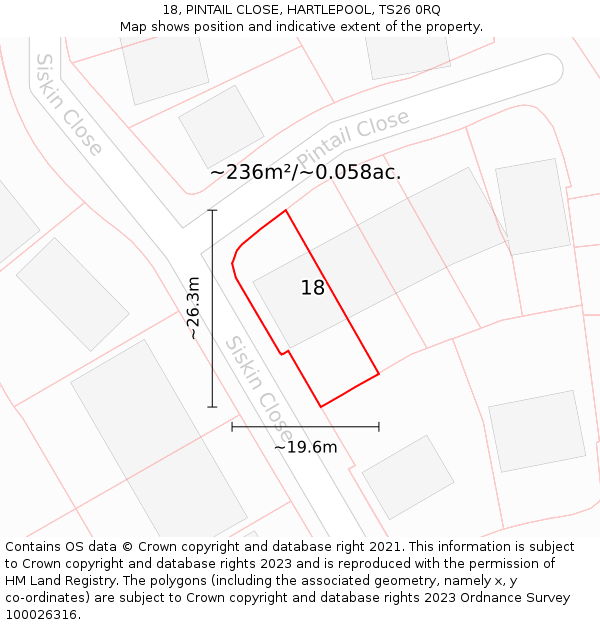 18, PINTAIL CLOSE, HARTLEPOOL, TS26 0RQ: Plot and title map