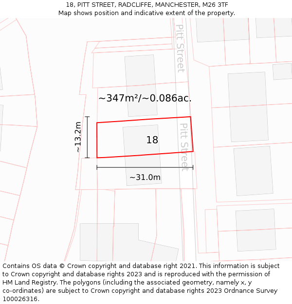 18, PITT STREET, RADCLIFFE, MANCHESTER, M26 3TF: Plot and title map