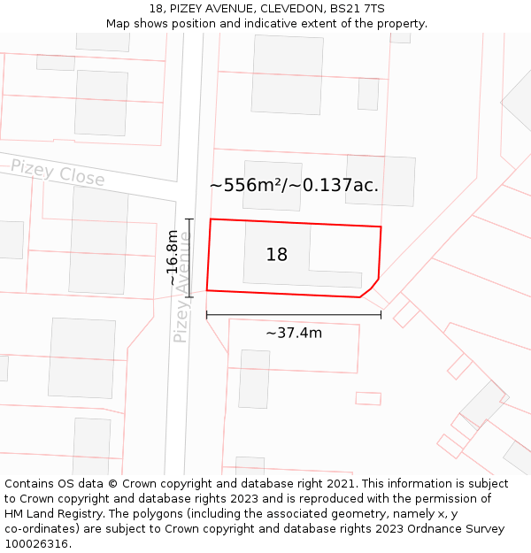 18, PIZEY AVENUE, CLEVEDON, BS21 7TS: Plot and title map