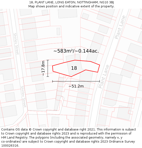 18, PLANT LANE, LONG EATON, NOTTINGHAM, NG10 3BJ: Plot and title map