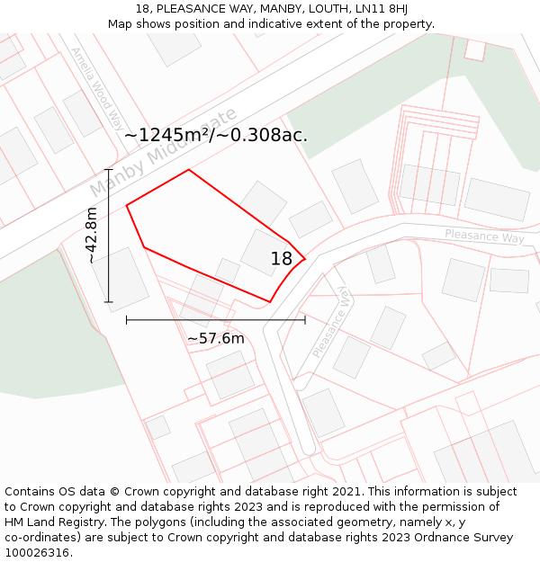 18, PLEASANCE WAY, MANBY, LOUTH, LN11 8HJ: Plot and title map