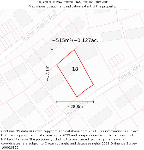 18, POLSUE WAY, TRESILLIAN, TRURO, TR2 4BE: Plot and title map