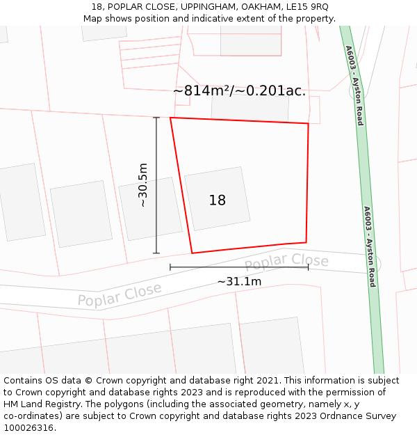 18, POPLAR CLOSE, UPPINGHAM, OAKHAM, LE15 9RQ: Plot and title map