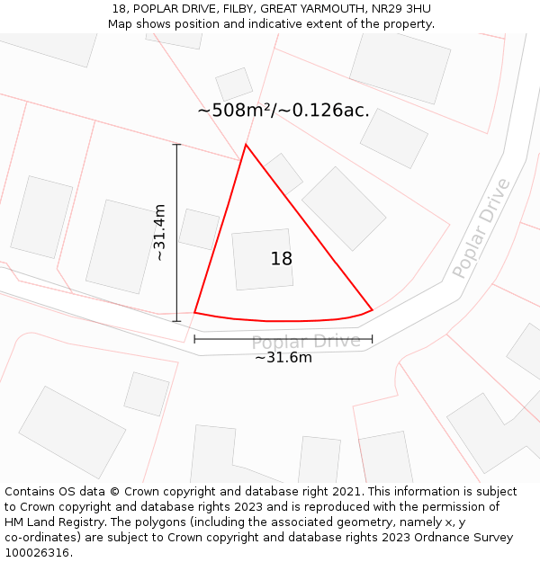 18, POPLAR DRIVE, FILBY, GREAT YARMOUTH, NR29 3HU: Plot and title map