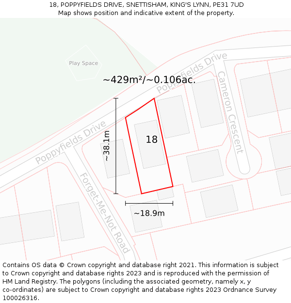 18, POPPYFIELDS DRIVE, SNETTISHAM, KING'S LYNN, PE31 7UD: Plot and title map