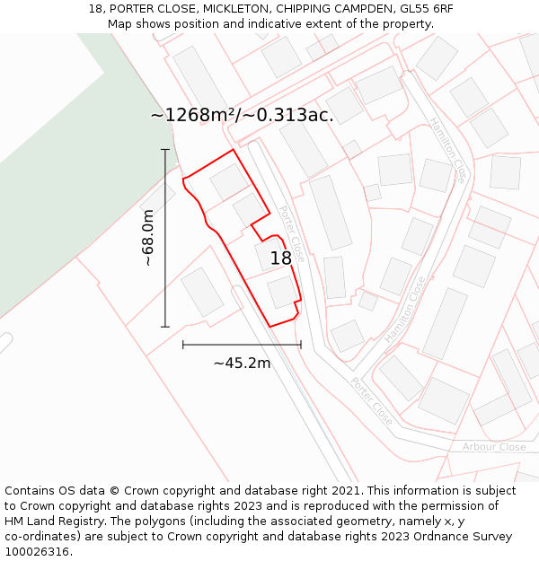 18, PORTER CLOSE, MICKLETON, CHIPPING CAMPDEN, GL55 6RF: Plot and title map