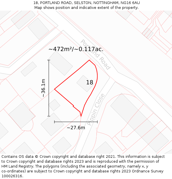 18, PORTLAND ROAD, SELSTON, NOTTINGHAM, NG16 6AU: Plot and title map