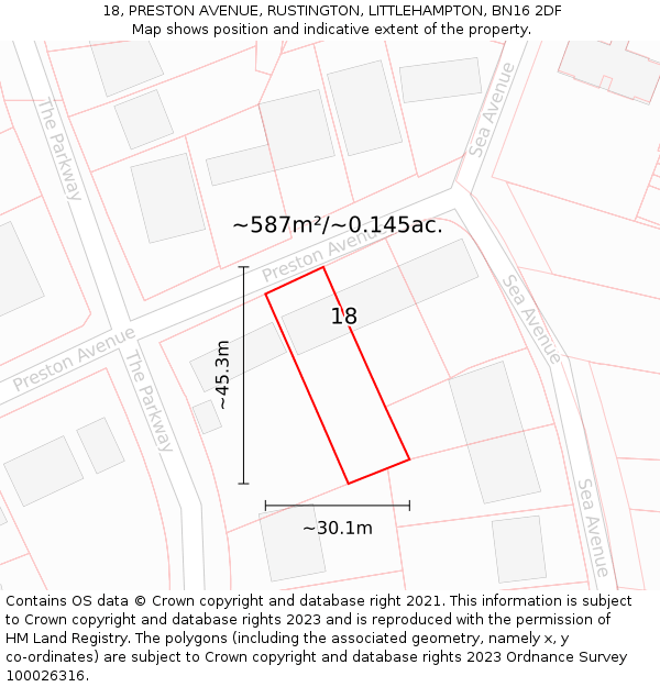 18, PRESTON AVENUE, RUSTINGTON, LITTLEHAMPTON, BN16 2DF: Plot and title map